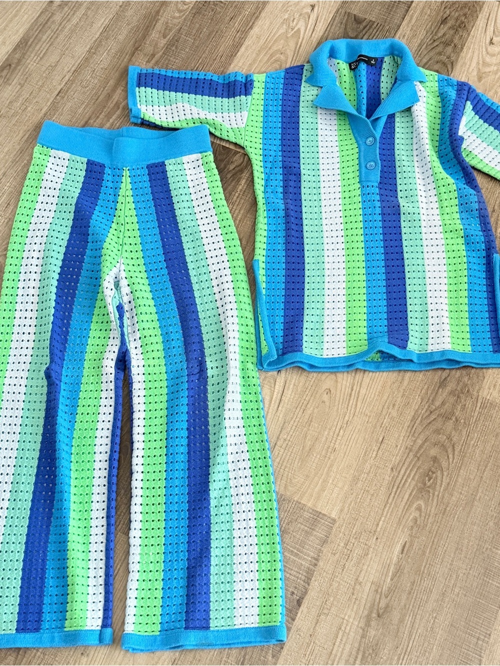 New York & Company Blue & Green Open Knit Coordinated Set Sz S
